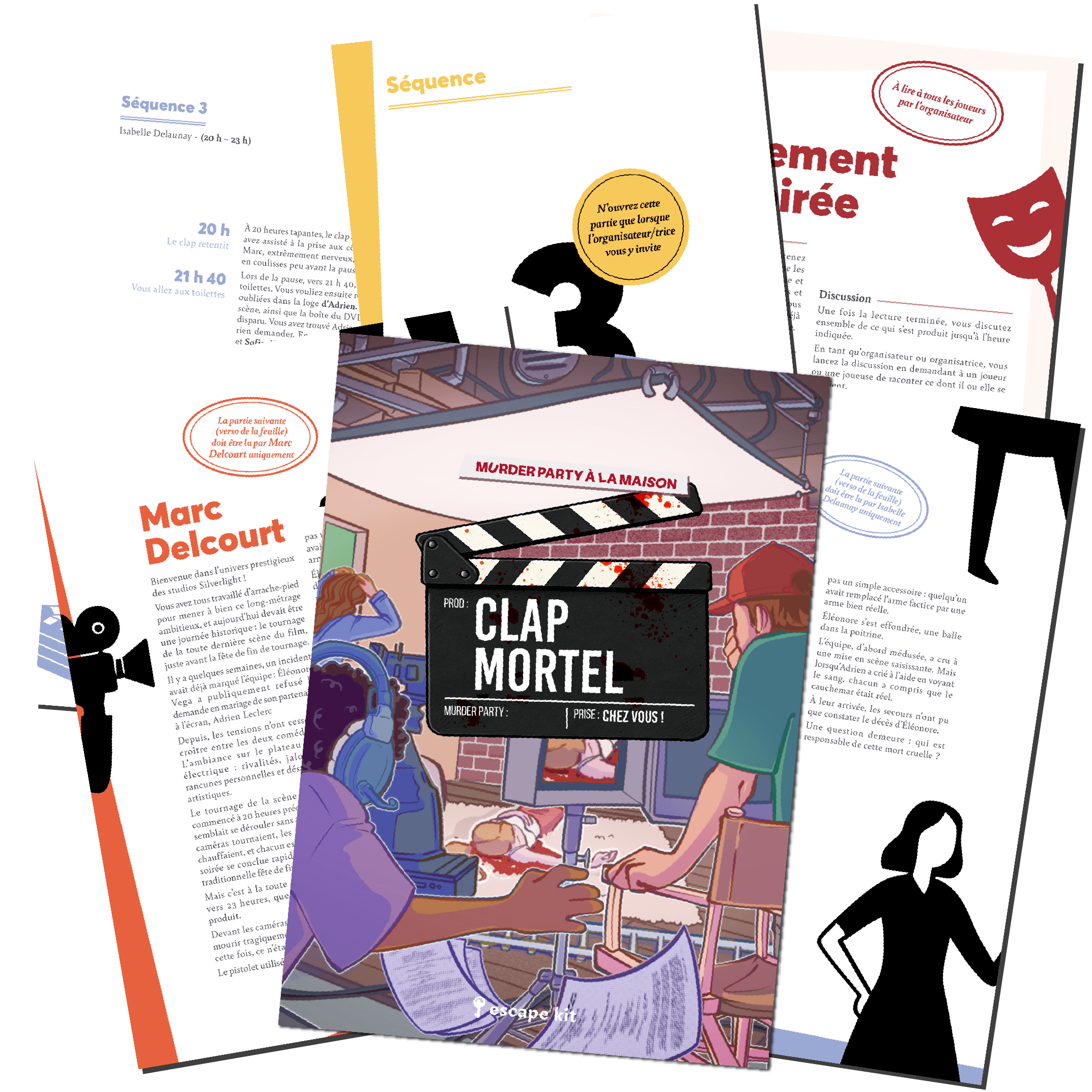 Contenu du kit murder party Clap mortel : fiches de personnage, déroulé de la soirée et documents d’enquête