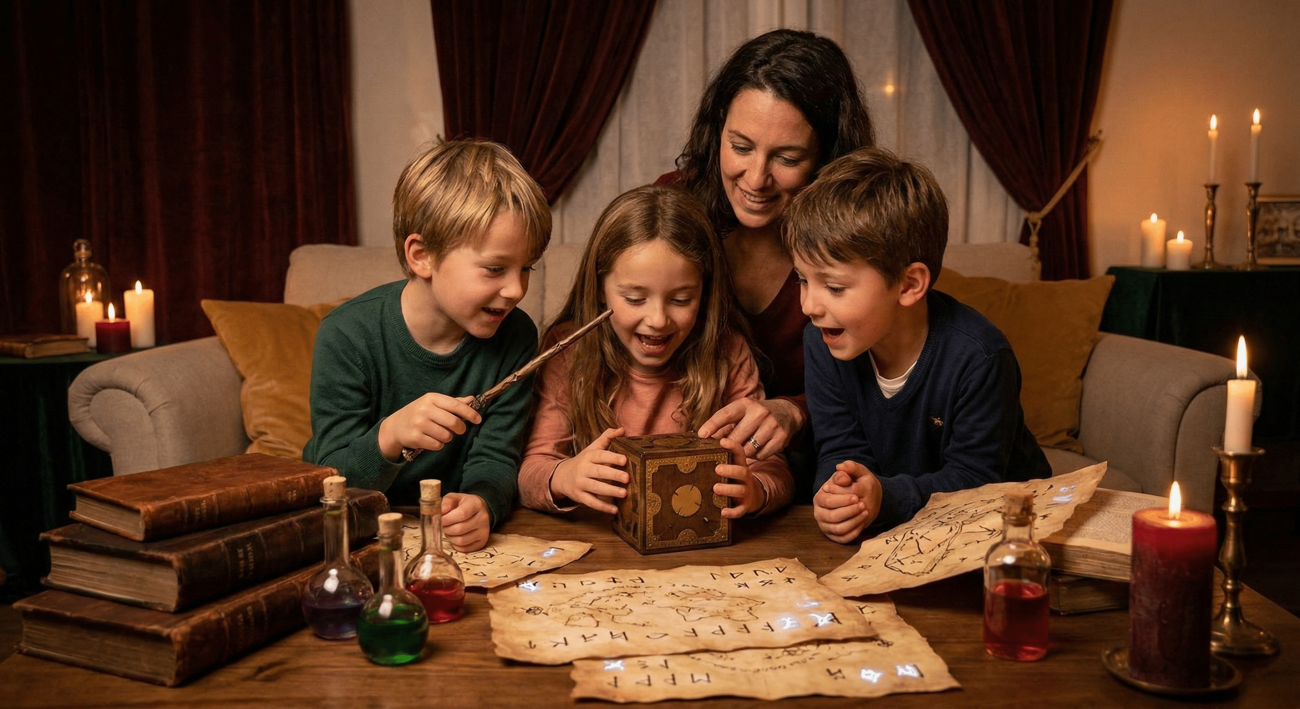 Familia jugando al escape room en casa