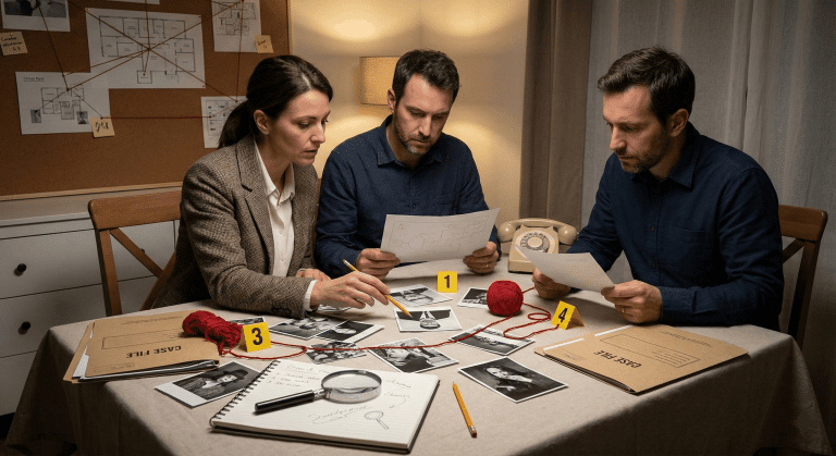 Escape Room zuhause spielen — Vater und Kind lösen gemeinsam Rätsel