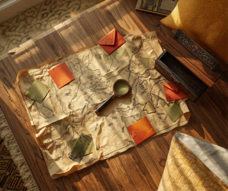 Indoor scavenger hunt for kids — treasure map and clues on a wooden table