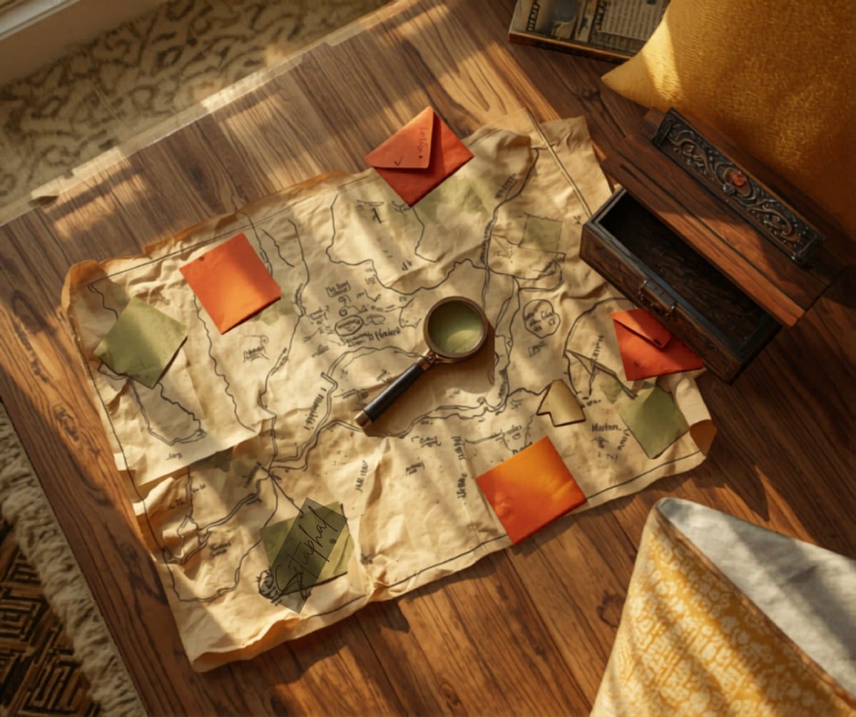 Indoor scavenger hunt for kids — treasure map and clues on a wooden table