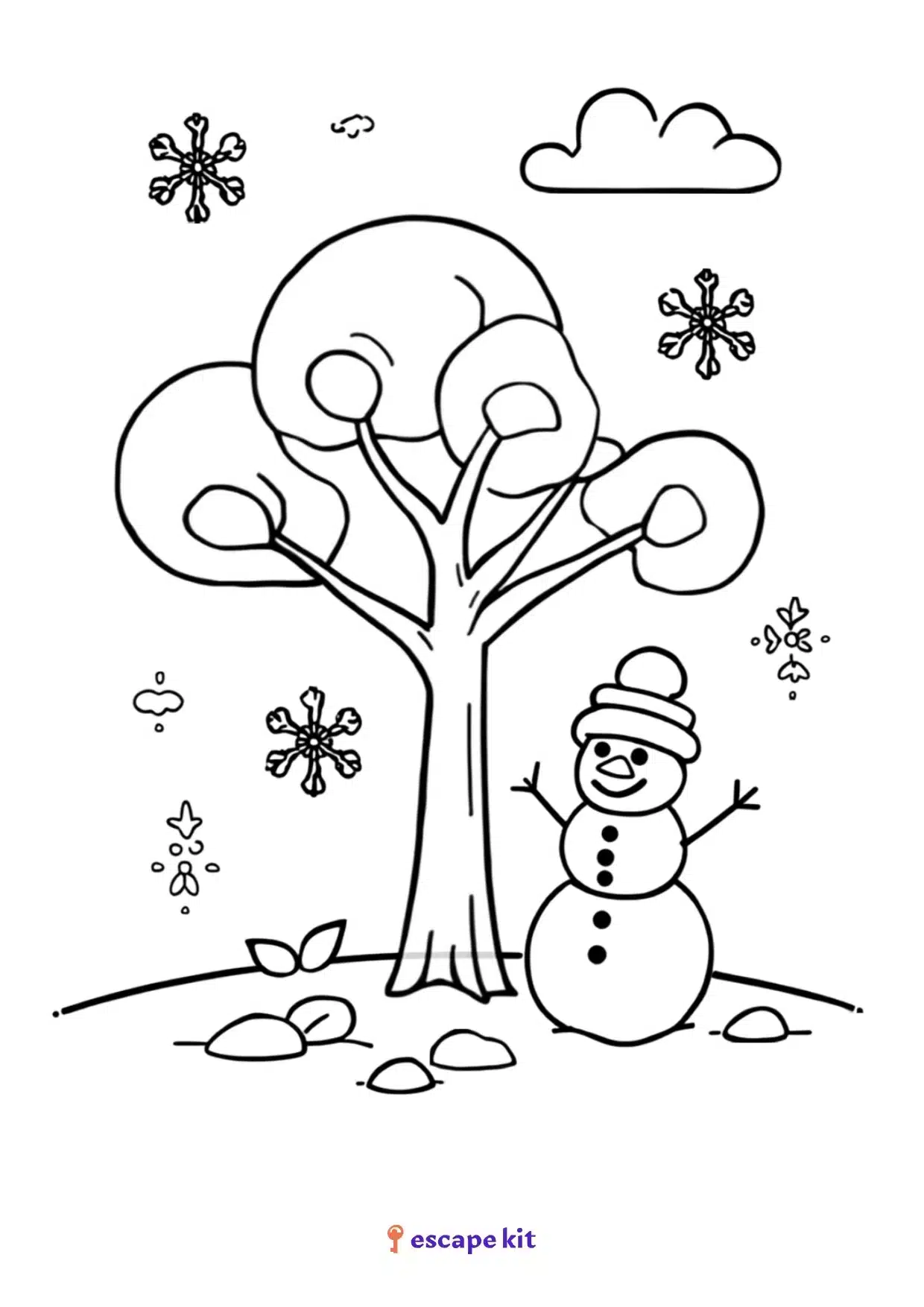 Árbol en invierno para colorear e imprimir, nieve en las ramas y muñeco de nieve