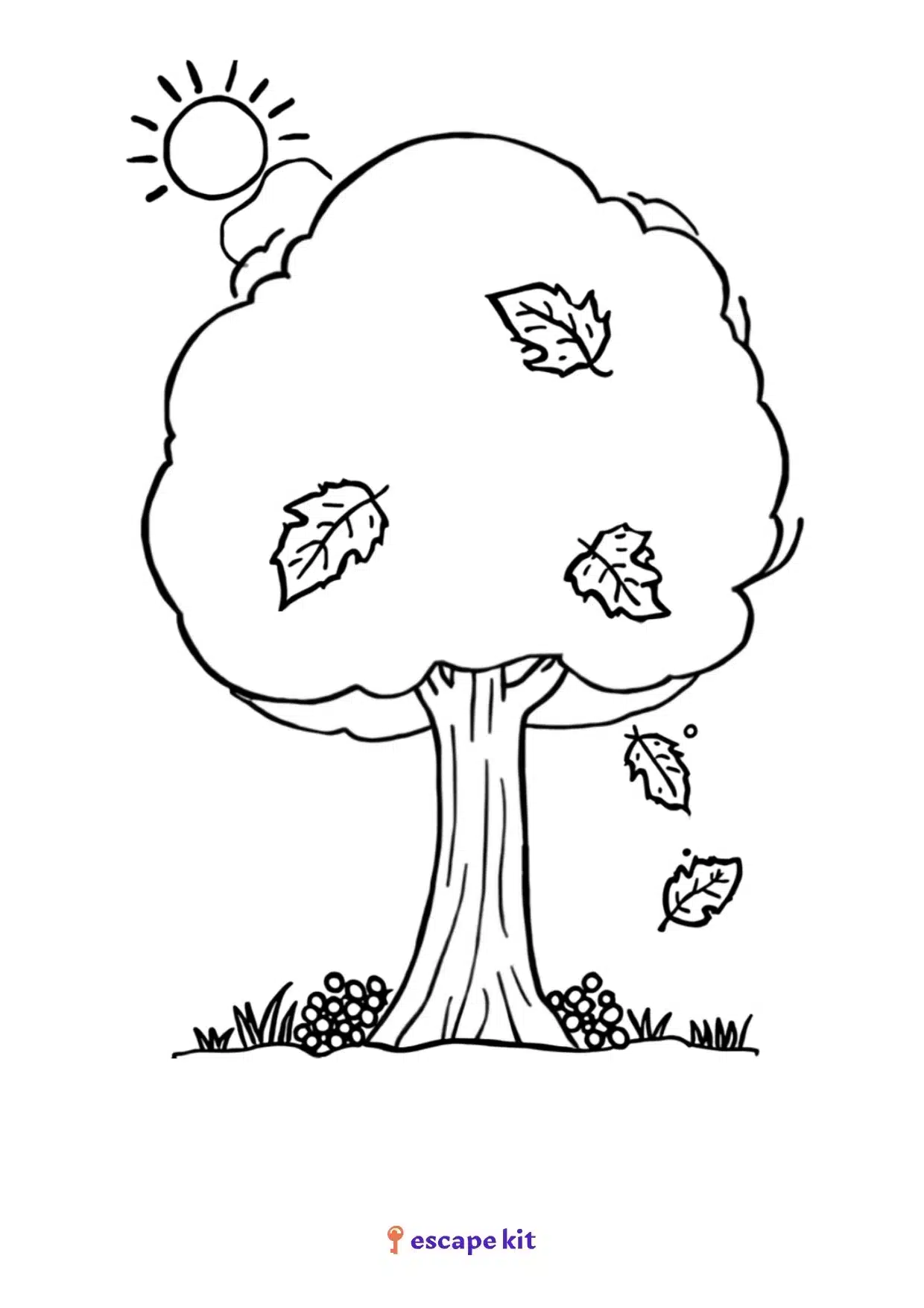 Árbol en otoño para colorear e imprimir, hojas cayendo y sol tras una nube