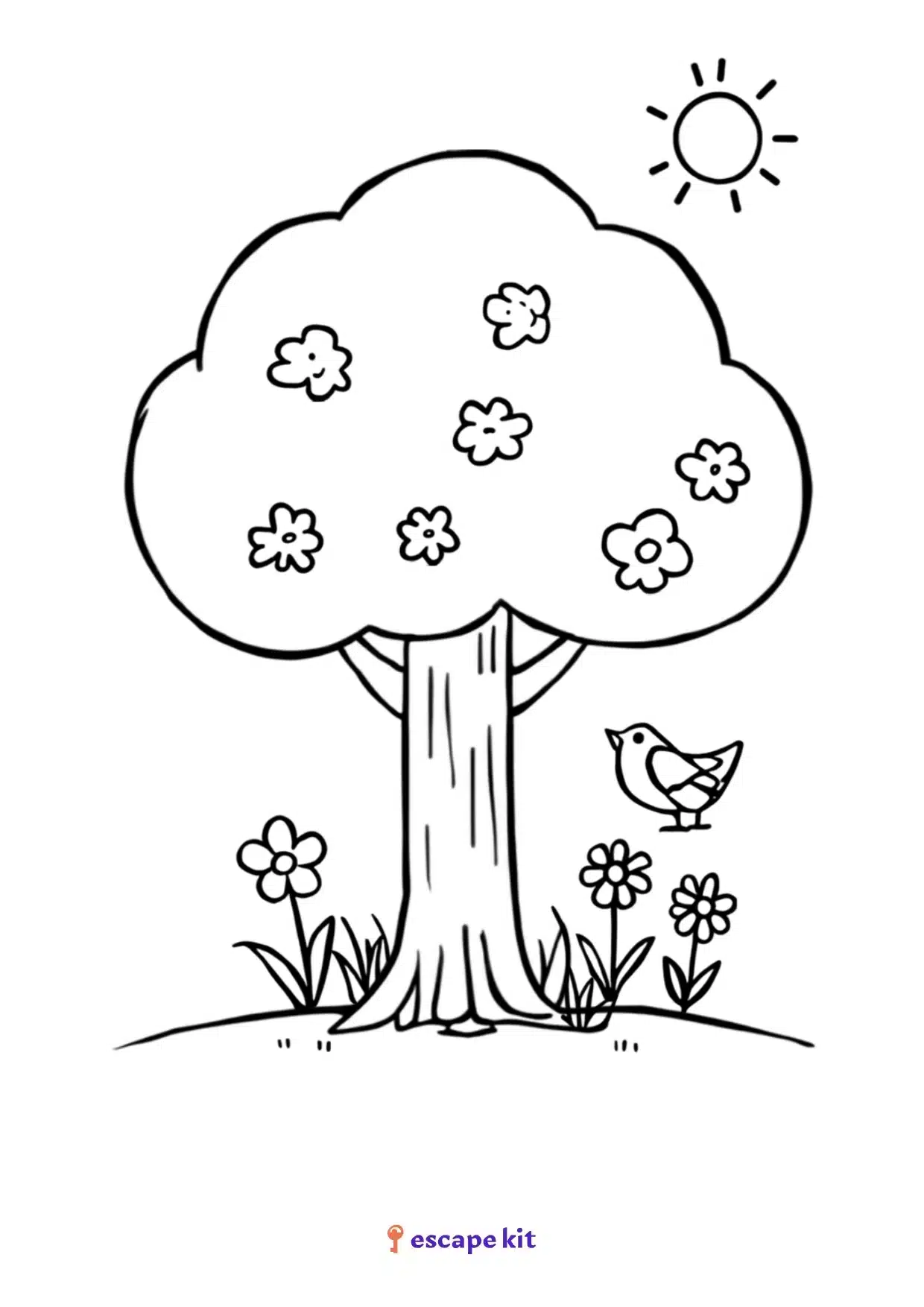 Árbol en primavera para colorear e imprimir, dibujo con flores y pájaro