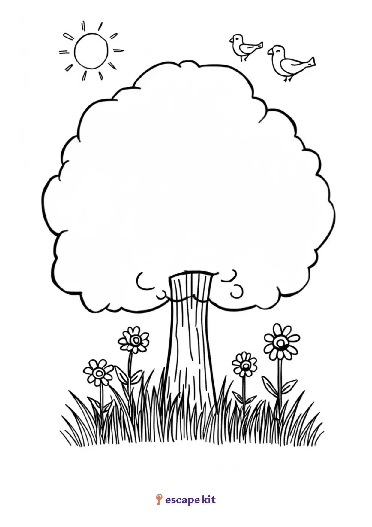 Árbol en verano para colorear e imprimir, copa frondosa, sol y pájaros