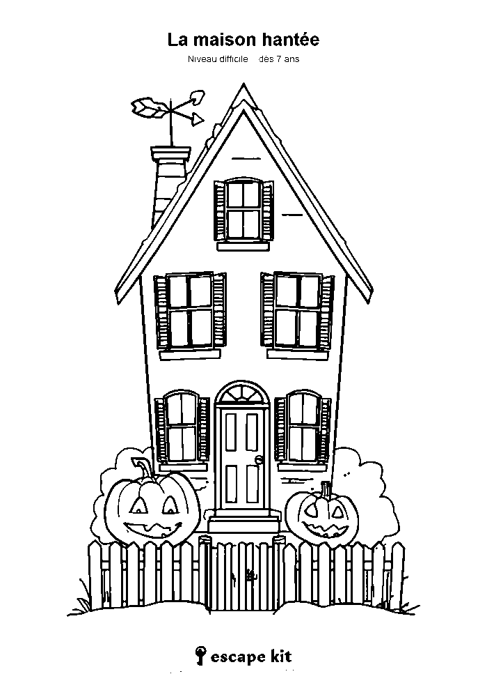 Coloriage de maison hantée à imprimer pour Halloween, avec citrouilles et clôture