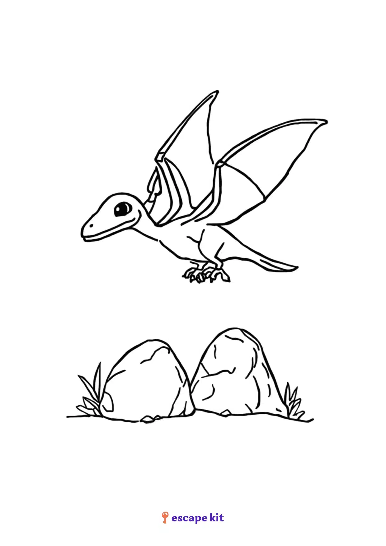 Coloriage Ptérodactyle à imprimer : ailes déployées au-dessus des rochers