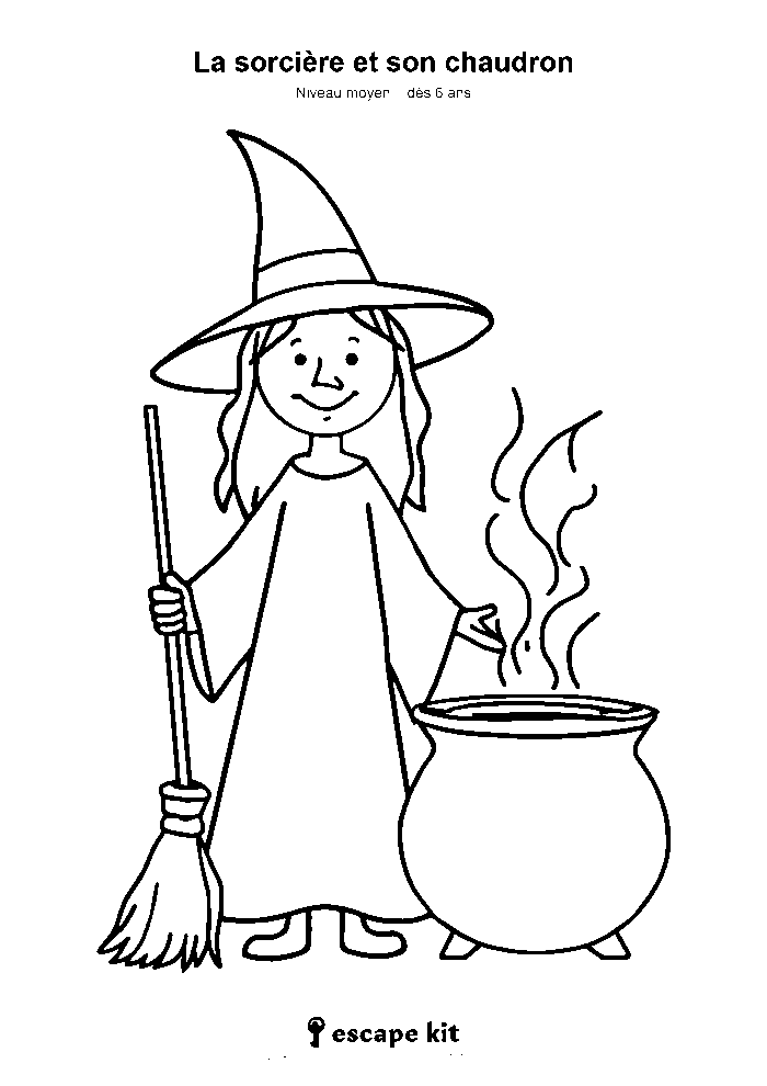 Coloriage de sorcière sur son balai à imprimer pour Halloween