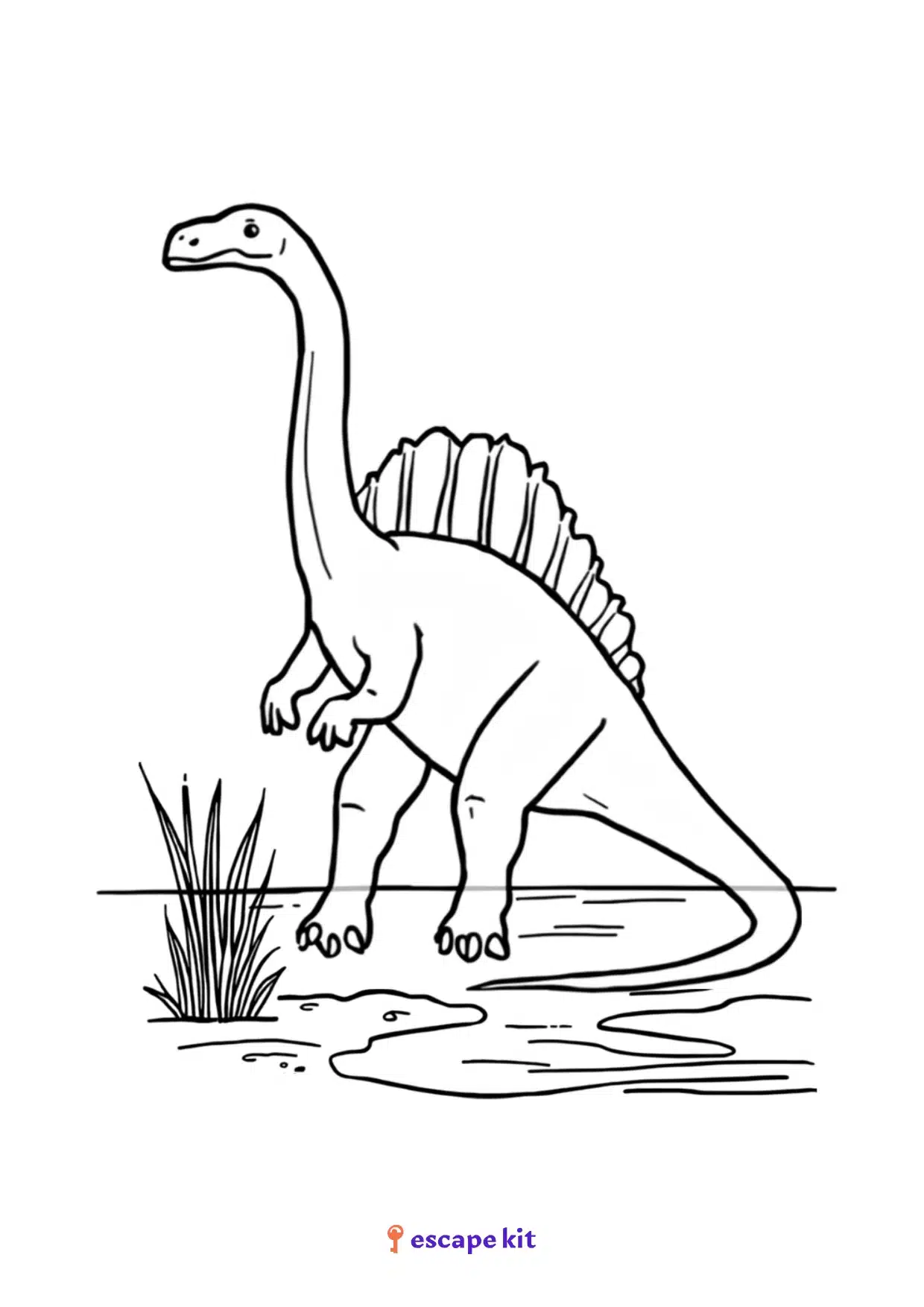 Coloriage Spinosaure à imprimer : voile dorsale au bord de la rivière