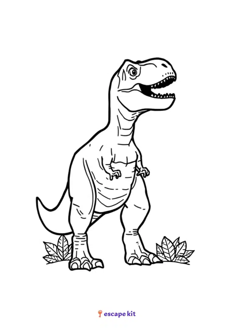 Coloriage T-Rex à imprimer : tyrannosaure debout parmi les fougères