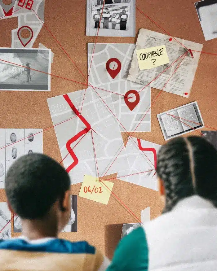 Tableau d'enquête avec un plan, des photos et un fil rouge tendu entre les indices